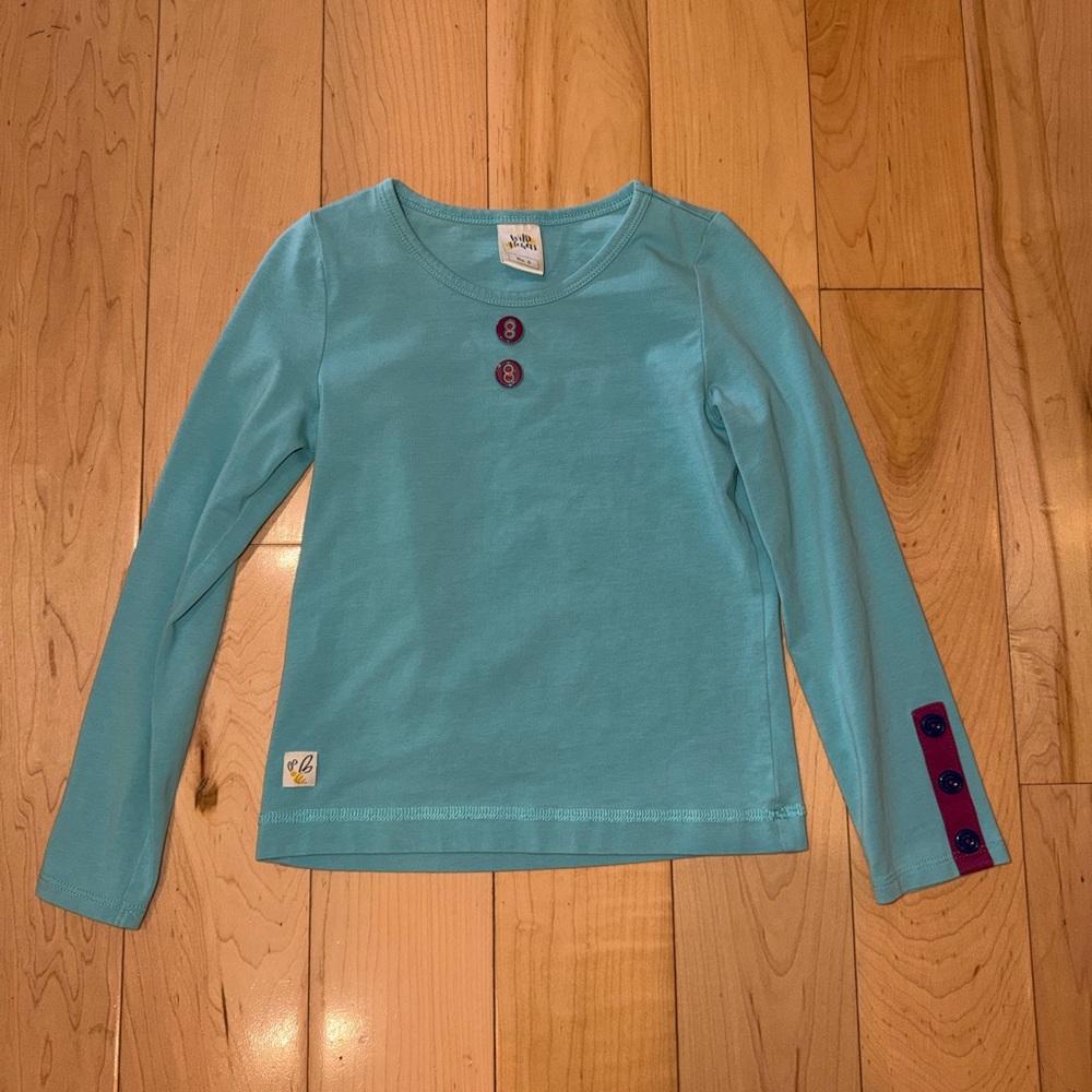 Girls Light Teal Long Sleeve Top with Button Detail